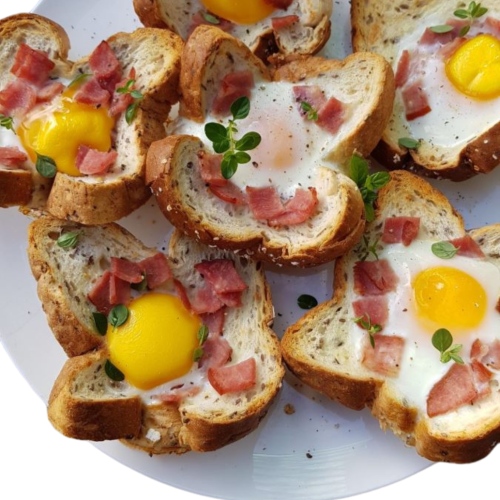 Bruschetta ,bacon egg(Bánh mì ngũ cốc với ba rọi, trứng chiên)